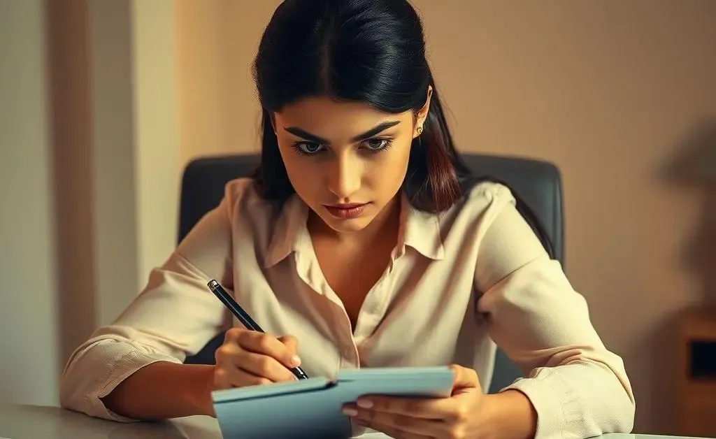 Mia jotting down a stricter budget plan