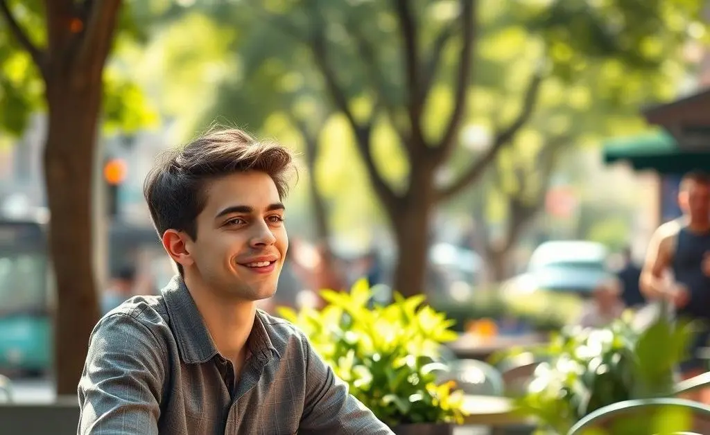 Jake meeting a friend at lunch, learning to politely decline an invitation, looking relieved.