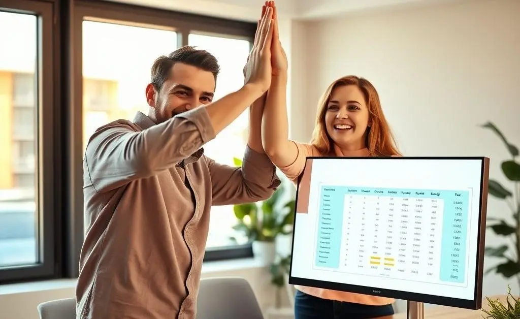 A man and woman happily high-fiving over a fixed budget plan