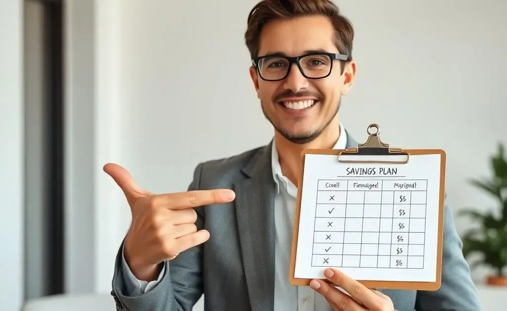 A financial advisor smiling and pointing at a simple savings plan on paper
