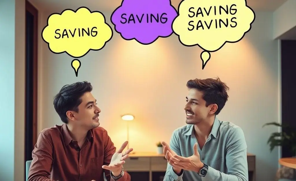 Both of them brainstorming with thought bubbles filled with savings ideas