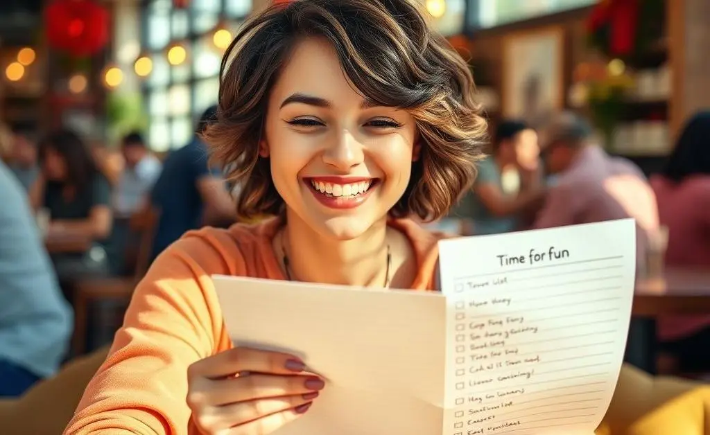 Mia happy with her saved money and a list titled 'Time for Fun'
