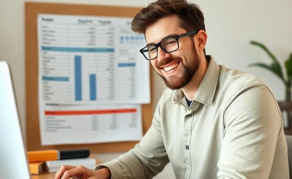 Alex smiling confidently as he types into his newly organized budget spreadsheet