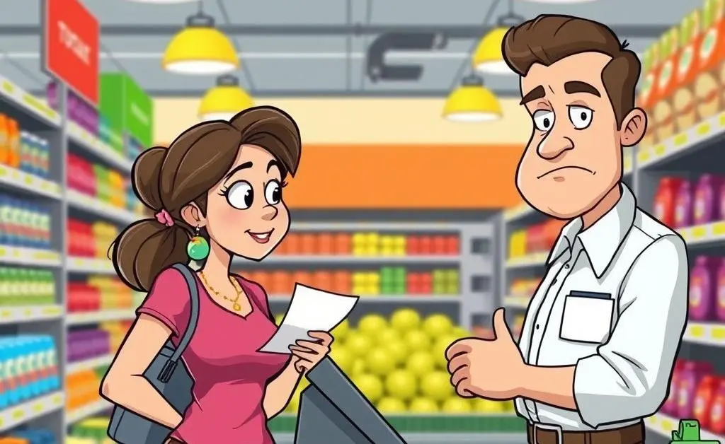 Woman at checkout with the cashier raising an eyebrow at the total amount