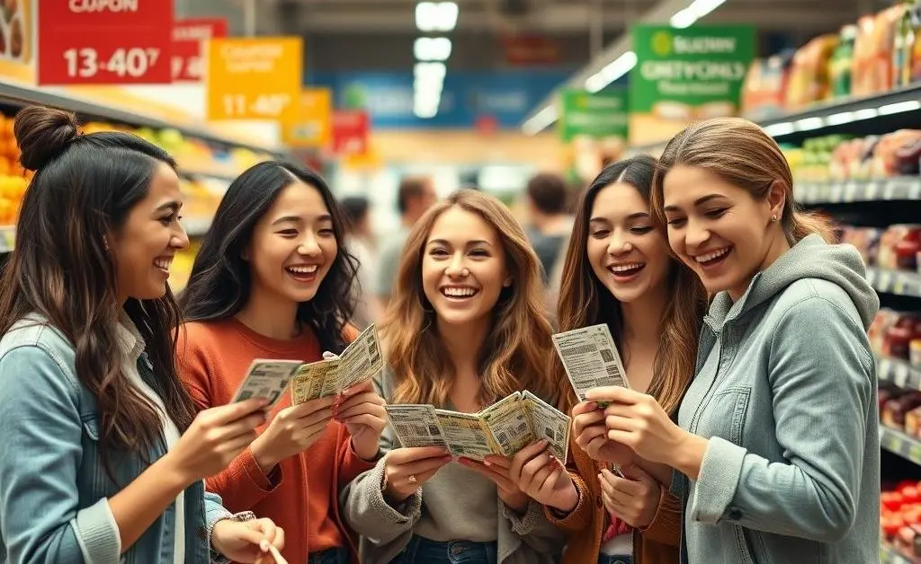A group of friends successfully buying groceries using coupons
