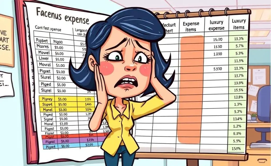 Mia facepalming next to a budget spreadsheet