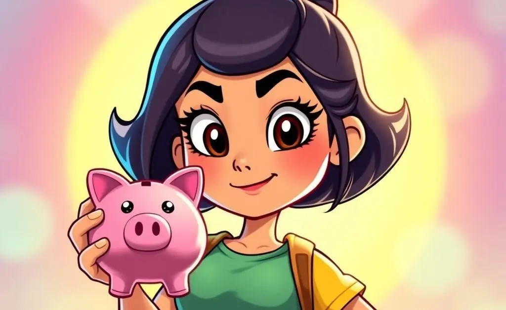 Cartoon of Mia holding a small piggy bank with determination