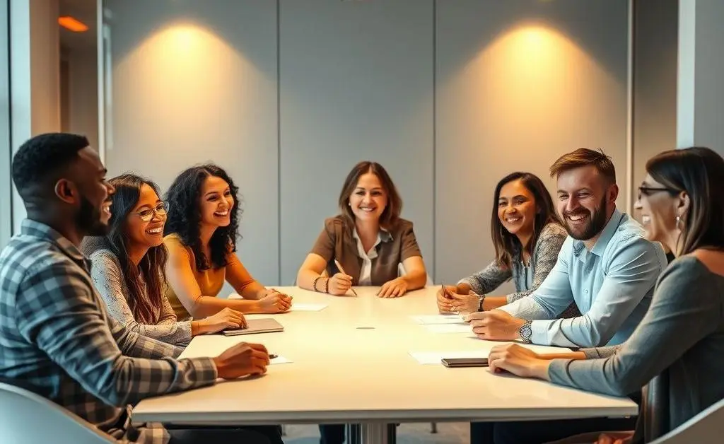 The office group gathered around a table, smiling as they resolve confusion