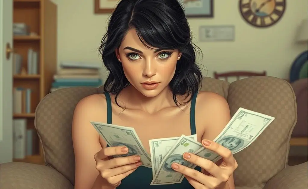 Mia at home, surrounded by bills, while critically eyeing her recent purchases.