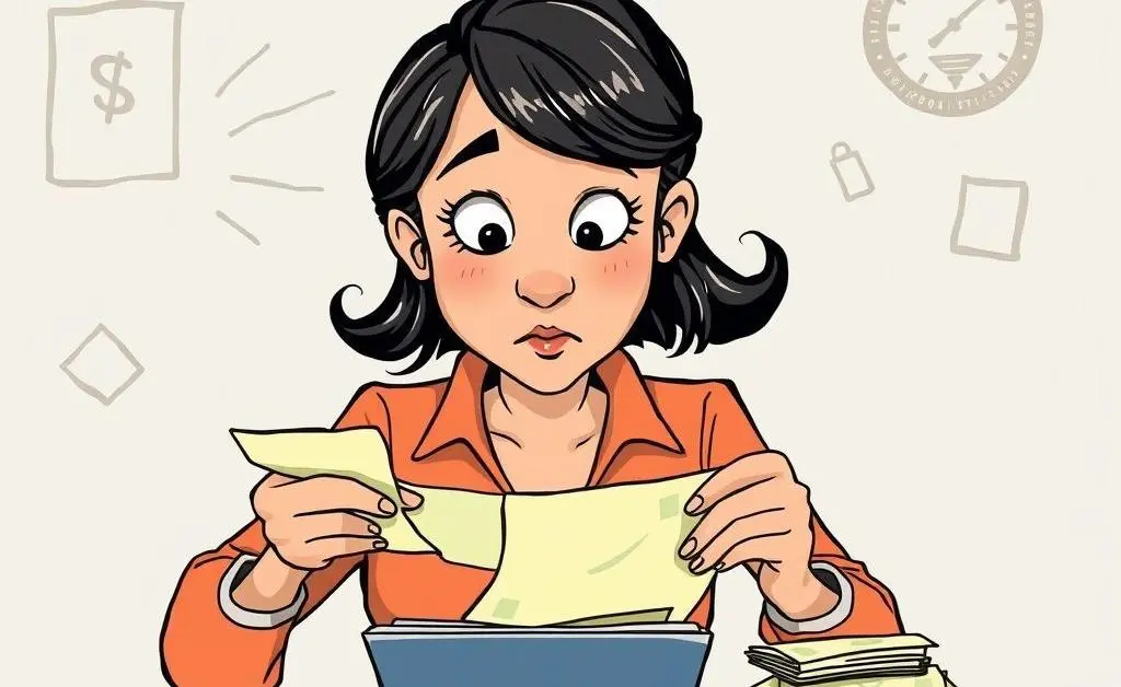 Cartoon of Mia furiously calculating her budget with notes piling up