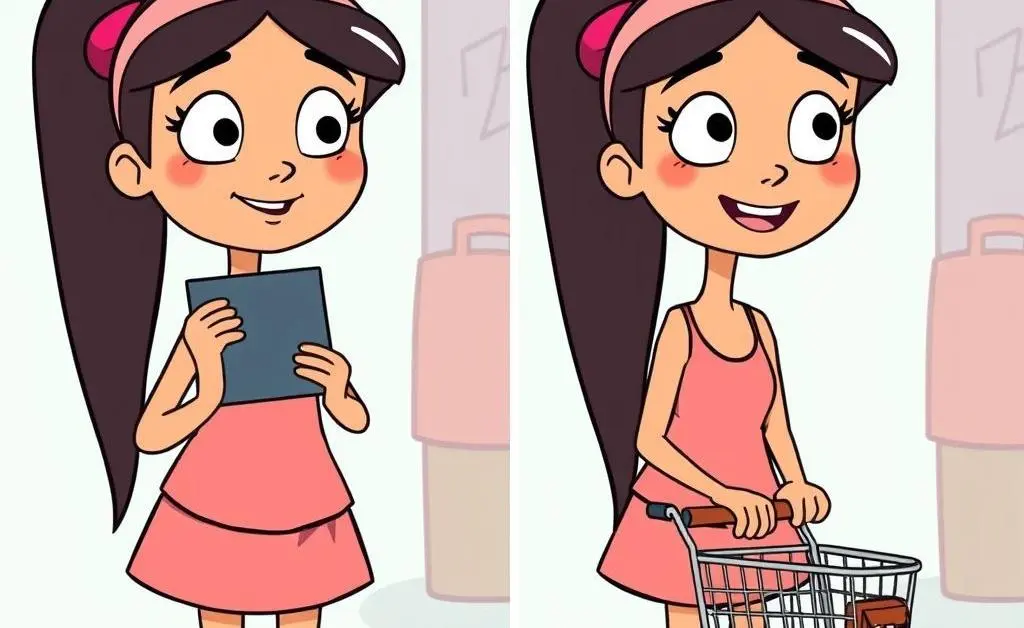 Mia with an empty wallet and a smaller cart