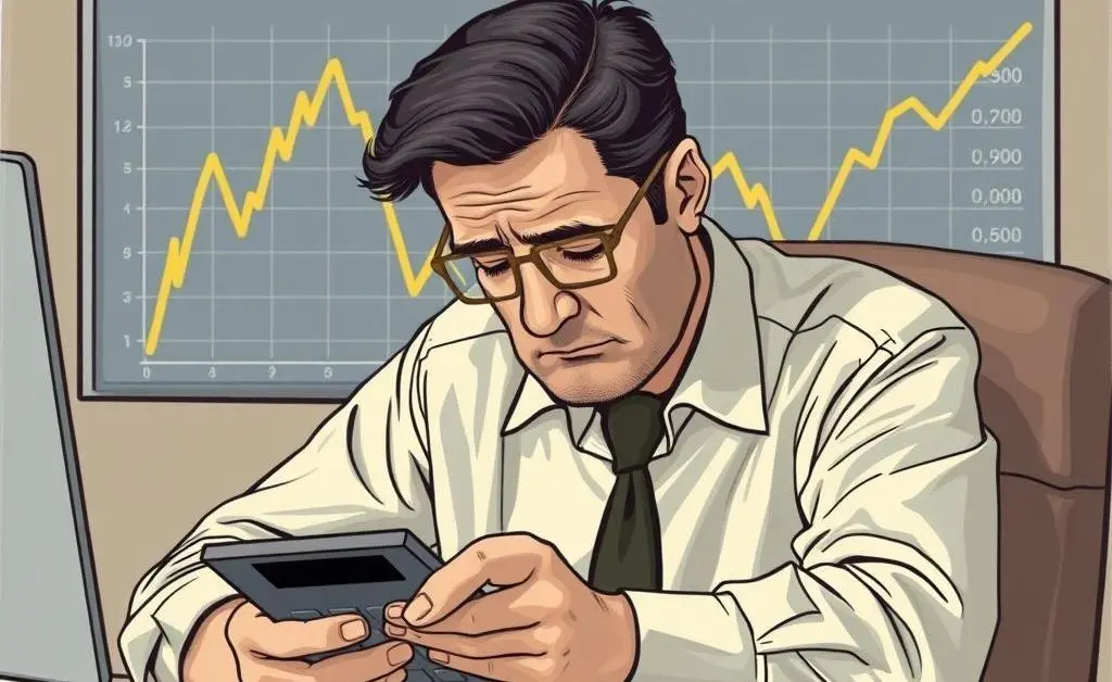 Sam sitting at his desk with a despondent look, calculator in hand, in front of a drastically lower stock chart