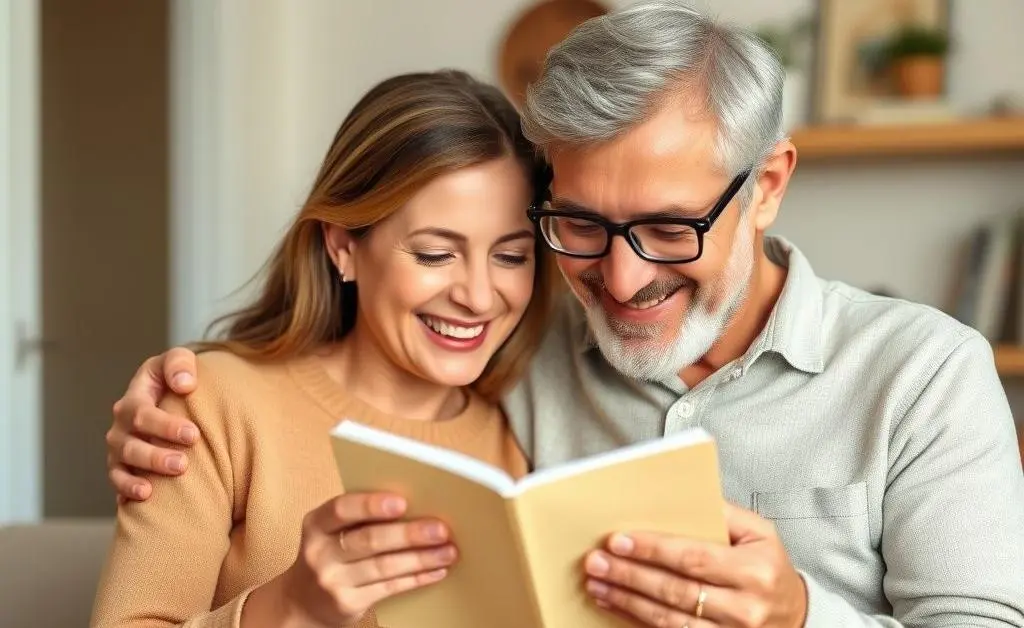 The same couple, now wiser, smiling at a simple budget planner