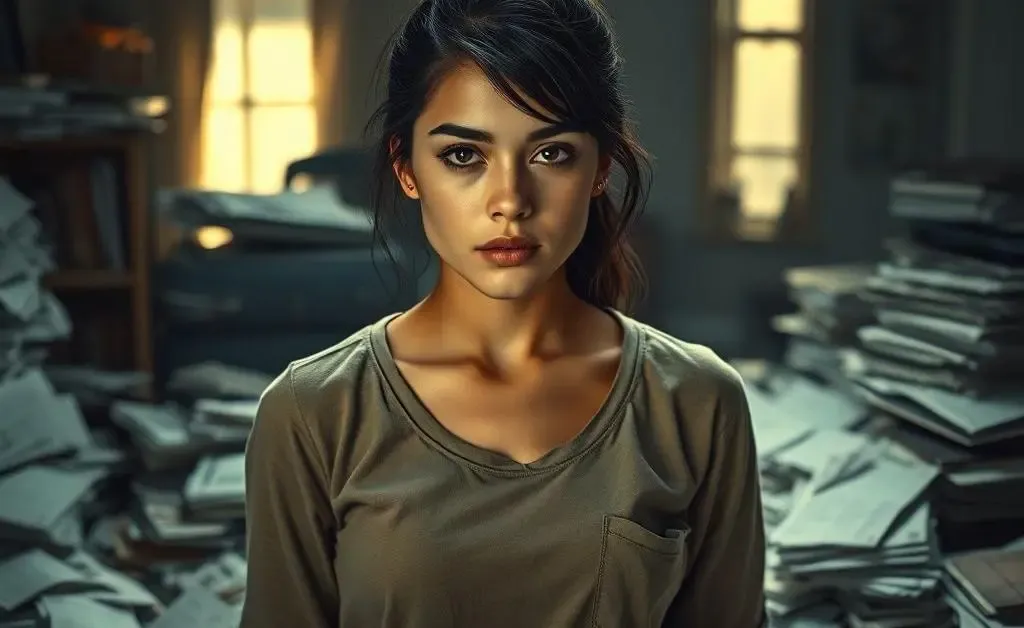 Mia surrounded by bills, wearing a determined expression