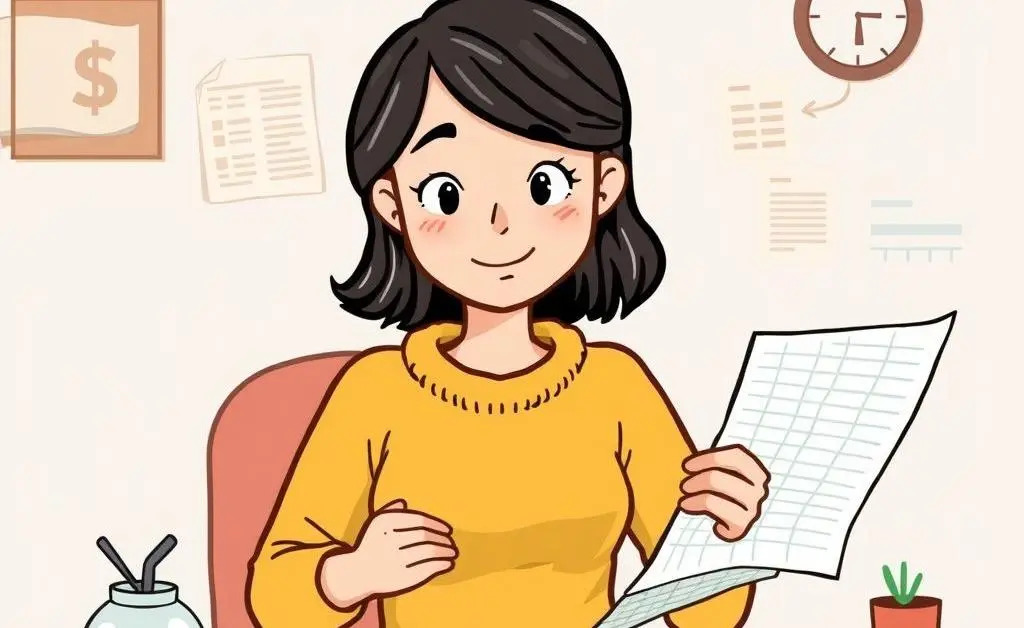 A cartoon of Sarah making a plan, using spreadsheets to track her future expenses and investments.