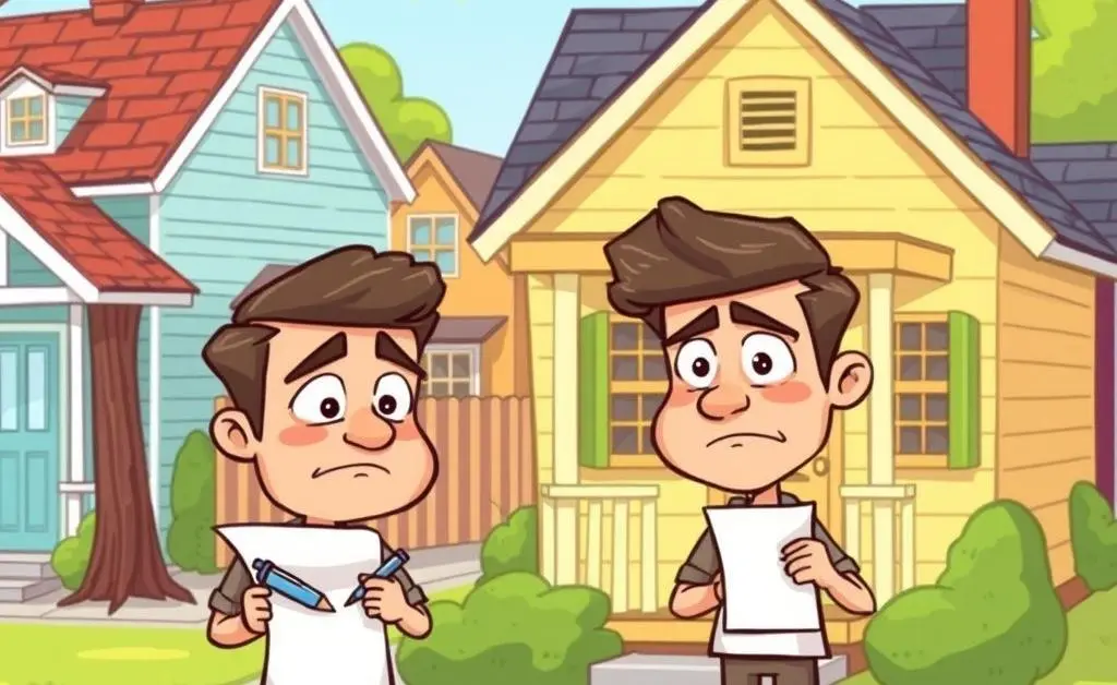 A cartoon image of a man reluctantly placing a bid on a modest starter home