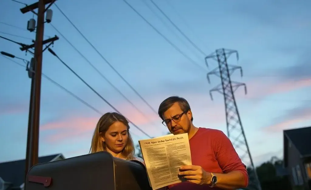 Jenny and Tom reading neighborly complaints in their mailbox, power lines prominent in the sky.