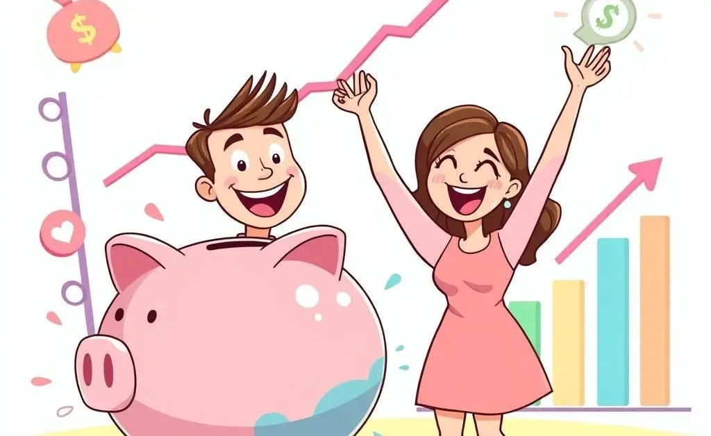 A cartoon couple joyfully celebrating with a piggy bank and a savings chart