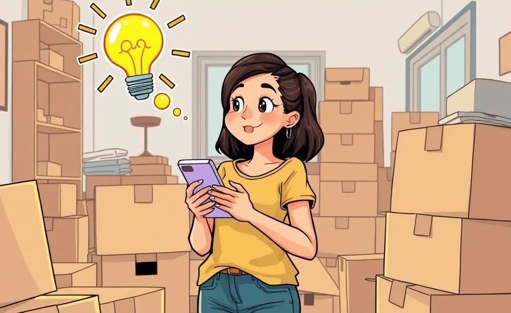 Mia holding her phone with a lightbulb idea