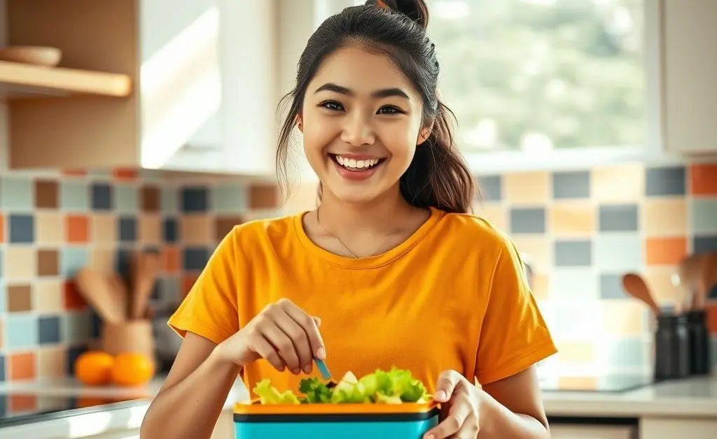 Mia joyfully packs lunch in a room styled kitchen, looking triumphant