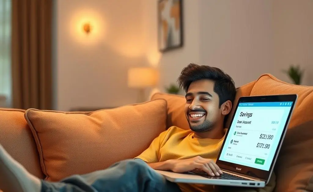 Character relaxing at home on a couch with a laptop, smiling at the rise of their savings account balance