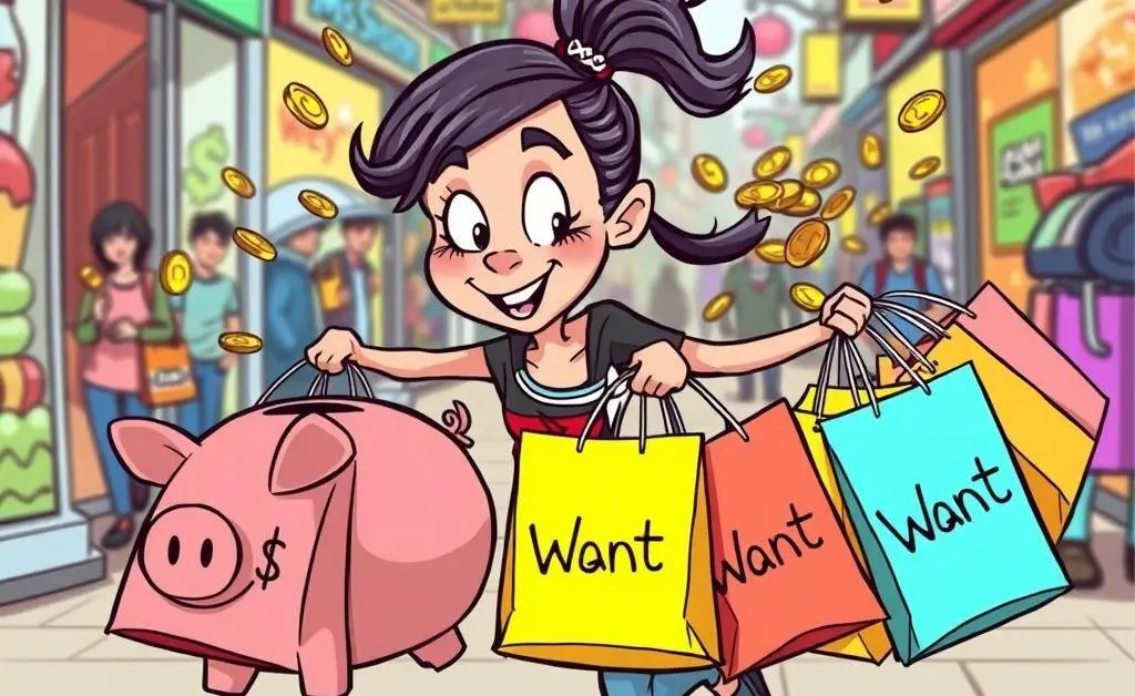 A comical view of Mia attempting to juggle shopping bags labeled 'Wants' while running after a money-saving piggy bank