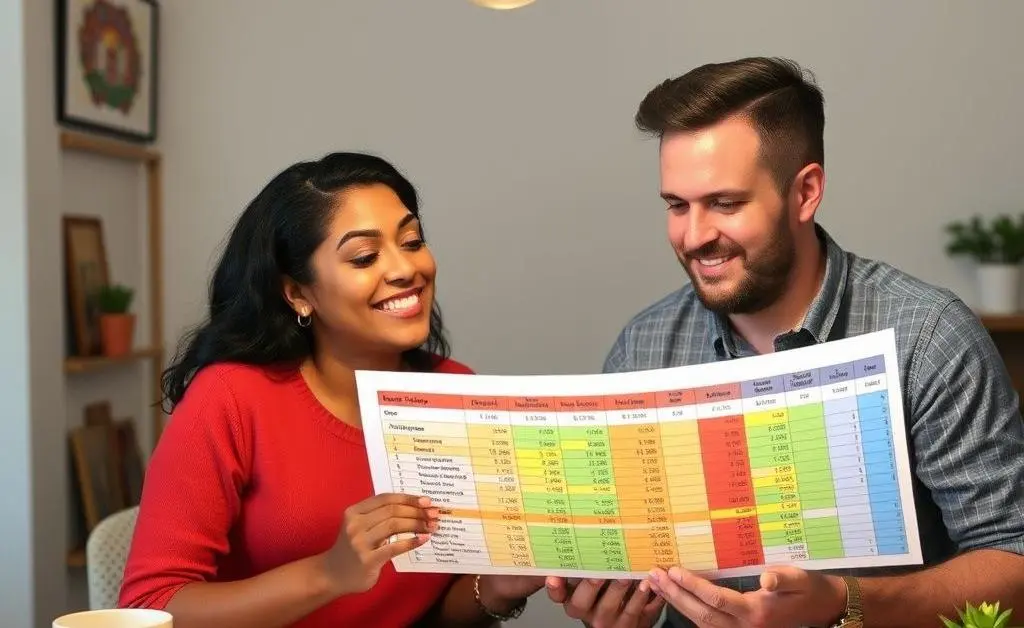 A lightbulb moment with Mia and Sam reorganizing their budget using a colorful spreadsheet