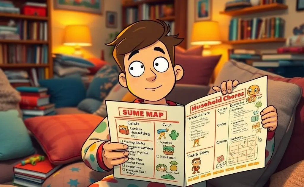Jake at home, wearing pajamas and holding a map with household chores and fun activities