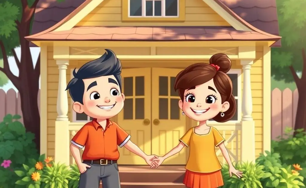 Cartoon couple, hand in hand, standing in front of a small cozy home