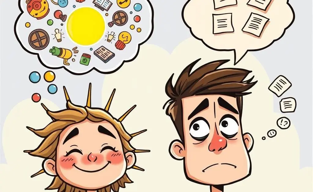 Cartoon of two characters, one enlightened and the other still confused, with thought bubbles showing 'experiences' and 'recommendations'