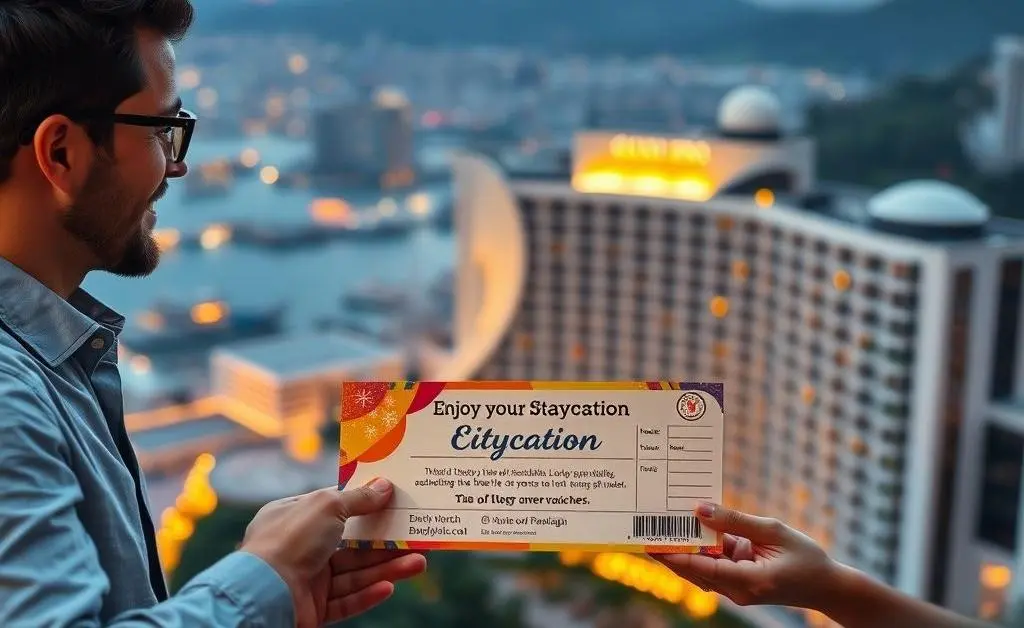 A colleague offers Alex a coupon for a staycation.