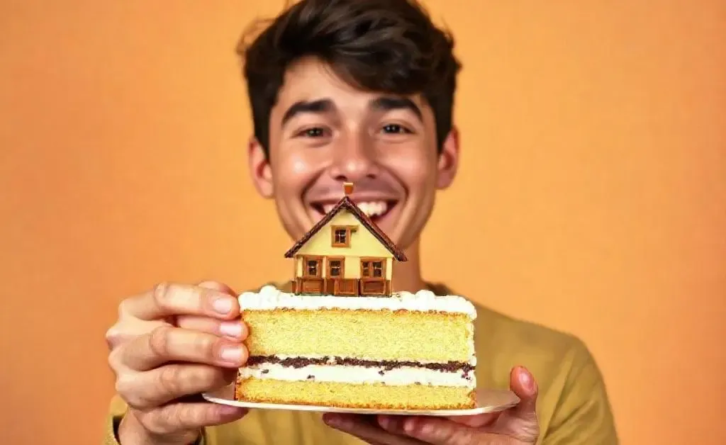 Young man smiling holding a cake slice with a tiny home model atop