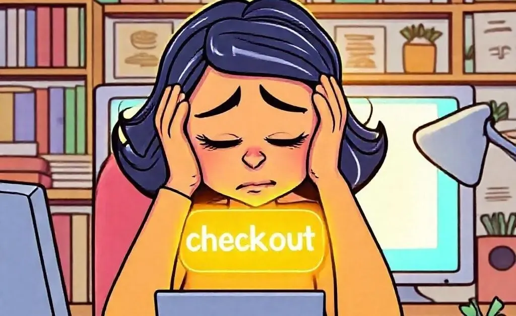 Mia looking frustrated at the checkout button