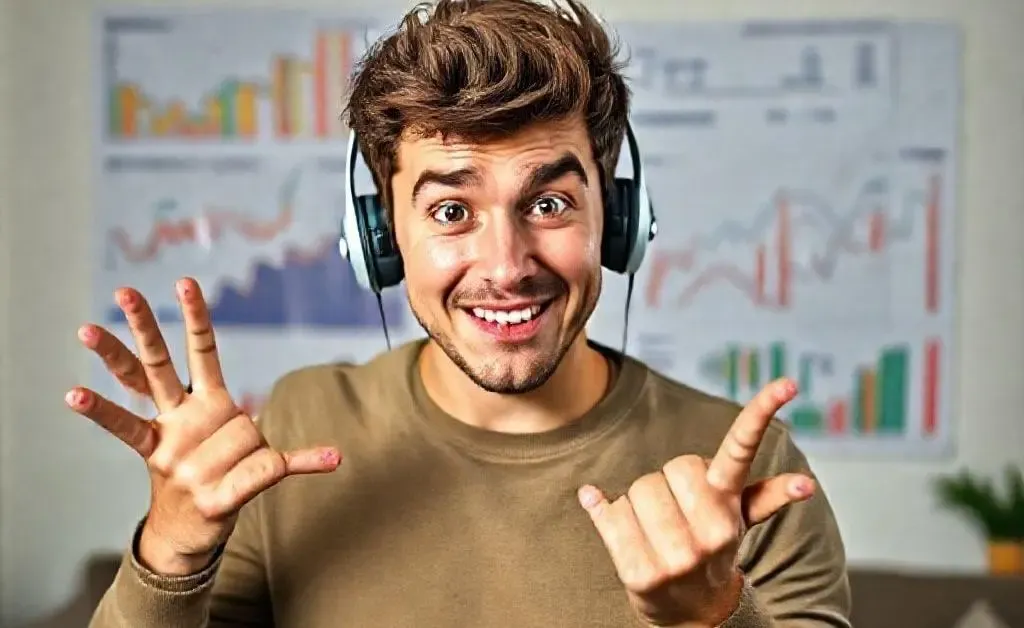 Max in a slightly comical, dramatic pose with podcast earbuds, clearly inspired while learning about budgeting.