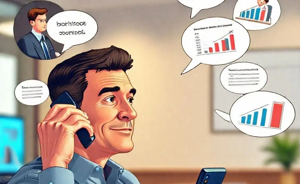 Bob wisely nodding while the broker, shown on the phone, explains mortgage terms through speech bubbles