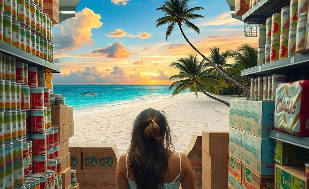 Mia imagining herself vacationing somewhere exotic, while she really sits surrounded by budgeted grocery stacks.