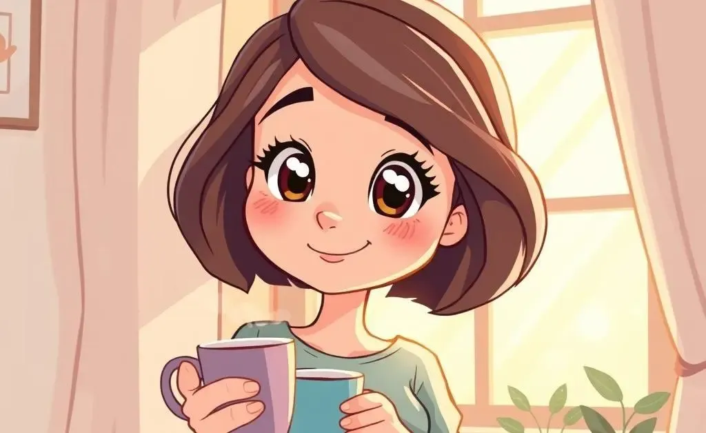 Cartoon Emily gazing out the window, a cup of coffee in hand, looking contemplative but hopeful.
