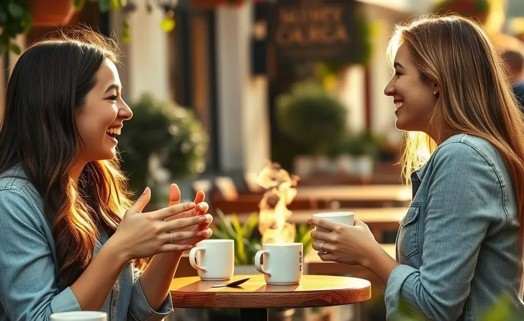 Mia chatting animatedly with a friend over coffee, receiving budgeting advice
