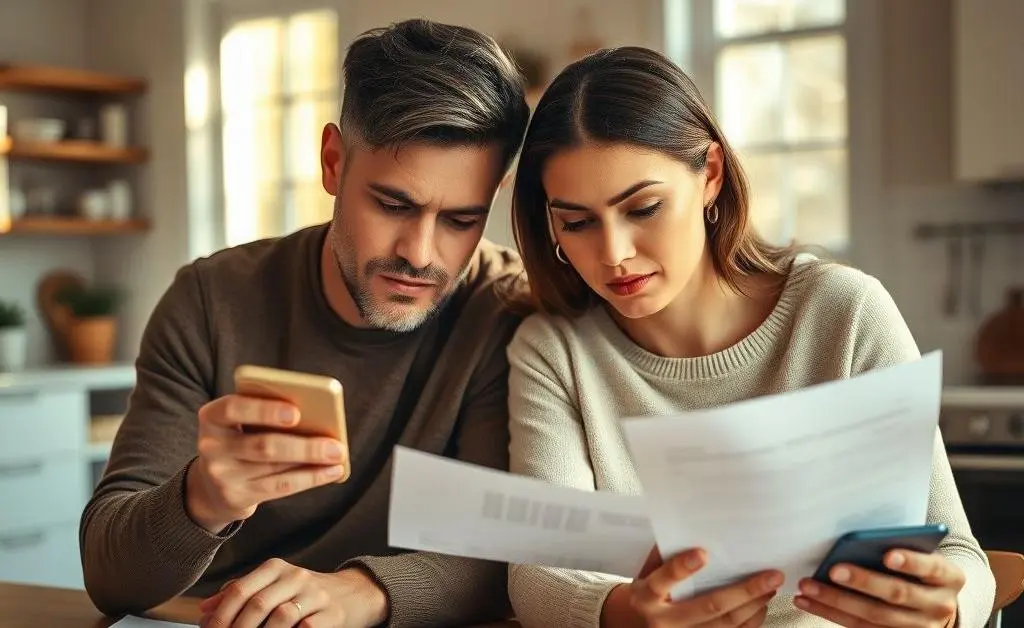 The couple looking determined with calculators and apps