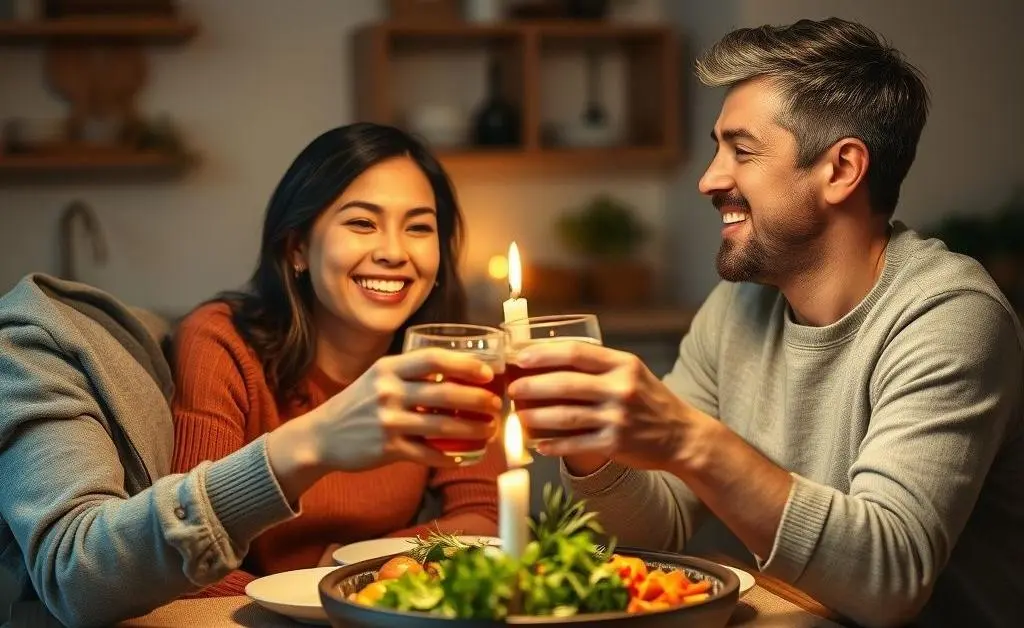 The same couple celebrating a small financial victory with a homemade meal