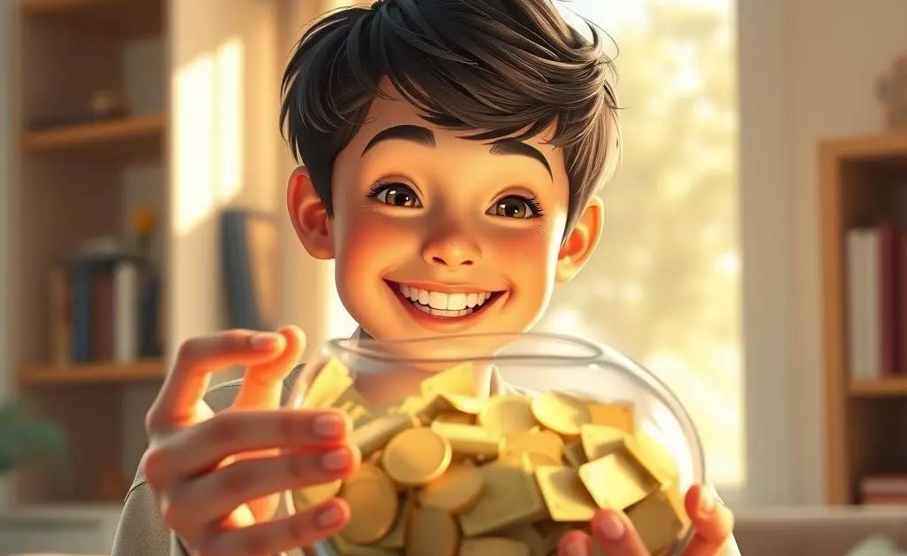 A happy woman checking her piggy bank