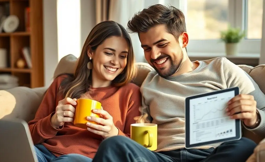 Mia and Lucas happily sipping homemade coffee at home, looking at their improved budget