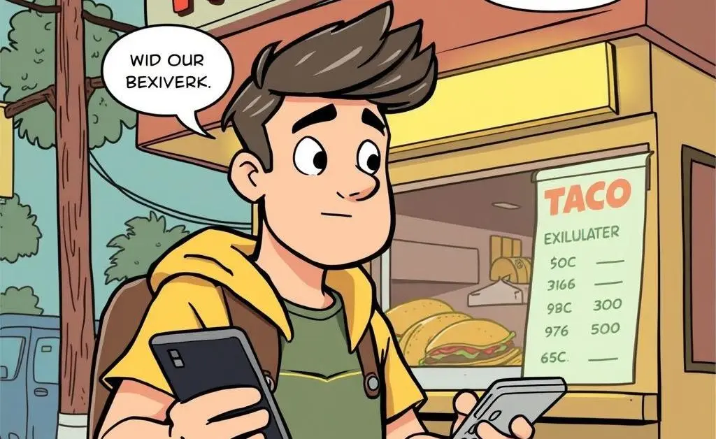 A comic scene of Alex visiting a taco stand with a calculator, feeling prepared and within budget