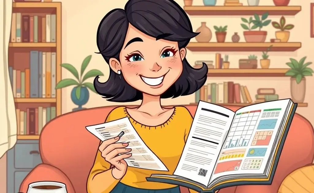 Woman at home, tallying receipts, jotting down notes in a budget planner