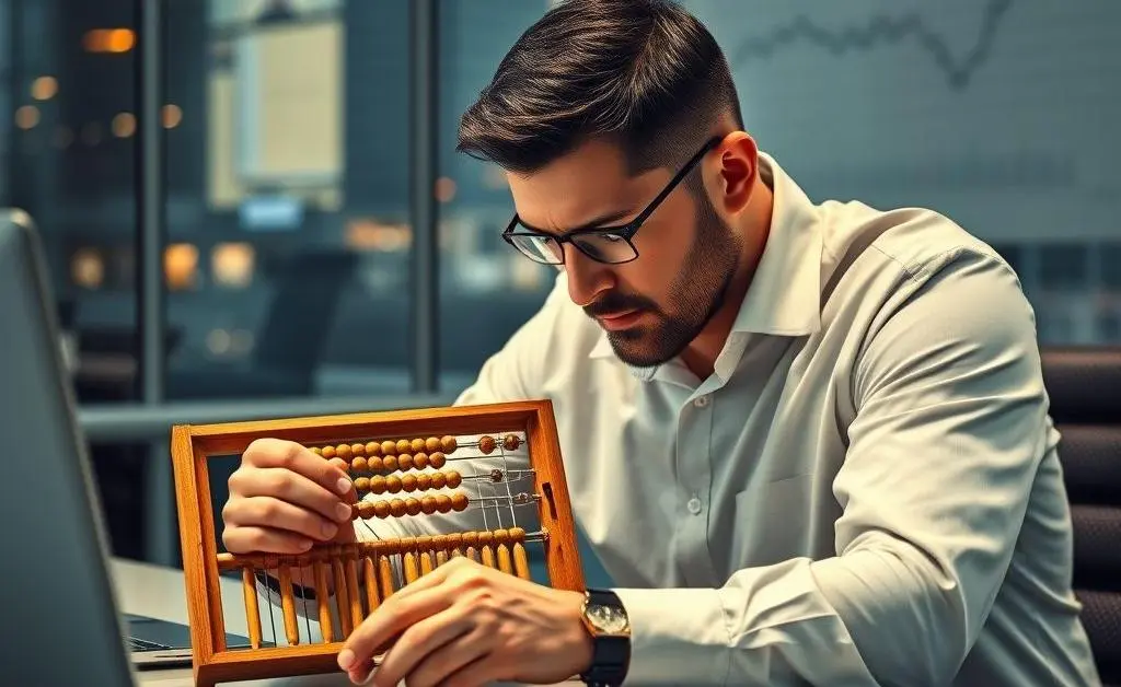 A man using an abacus to calculate modern expenses
