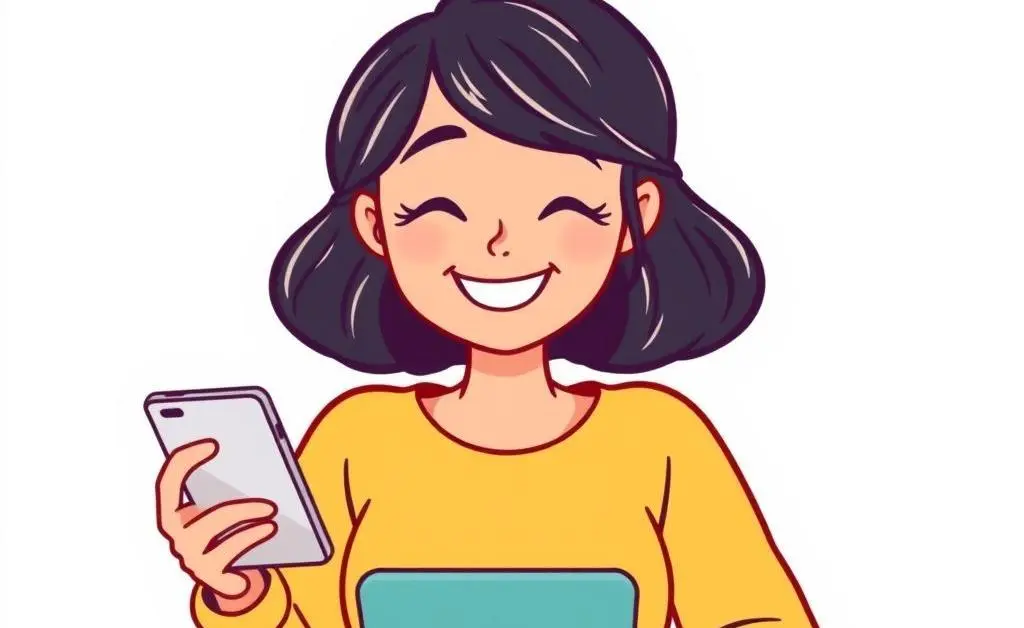 Mia happily using a budgeting app