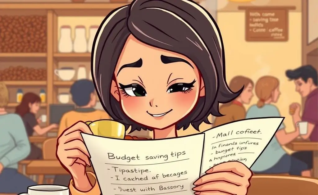 Mia with budget tips at a coffee shop