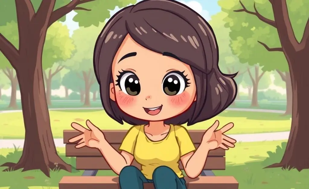 A cartoon Mia in a peaceful park with a resolved expression, brainstorming budget strategies