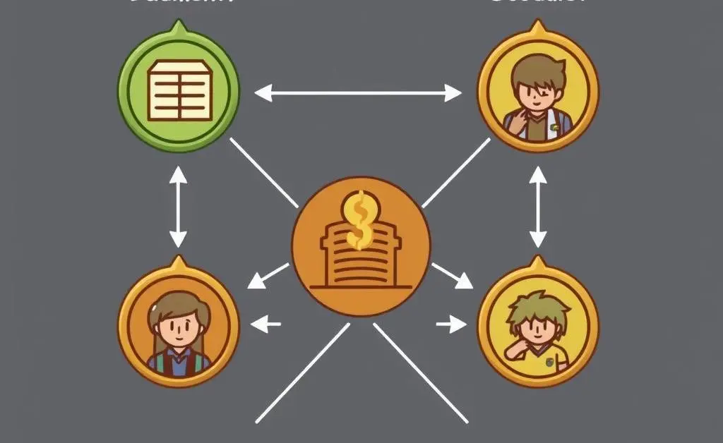 A diagram merging budgeting with character upgrades, with Mia and Dave leveling up