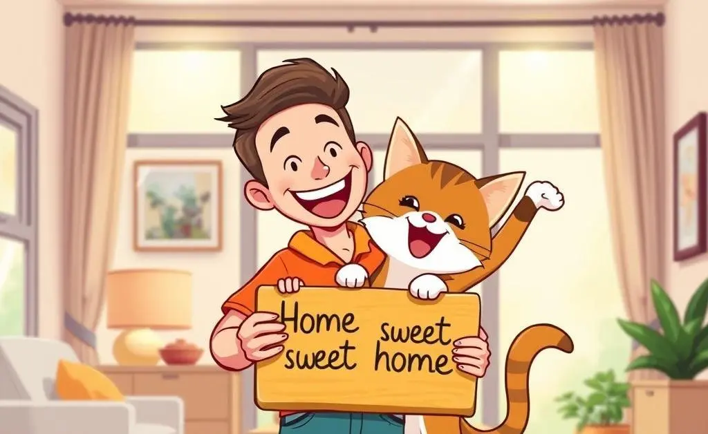 A cartoon man and cat celebrating in a new house with a 'Home Sweet Home' sign